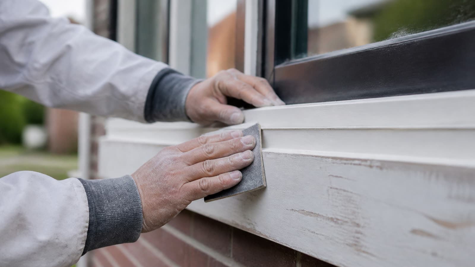 Schilder schuurt een houten kozijn als voorbereiding op schilderwerk