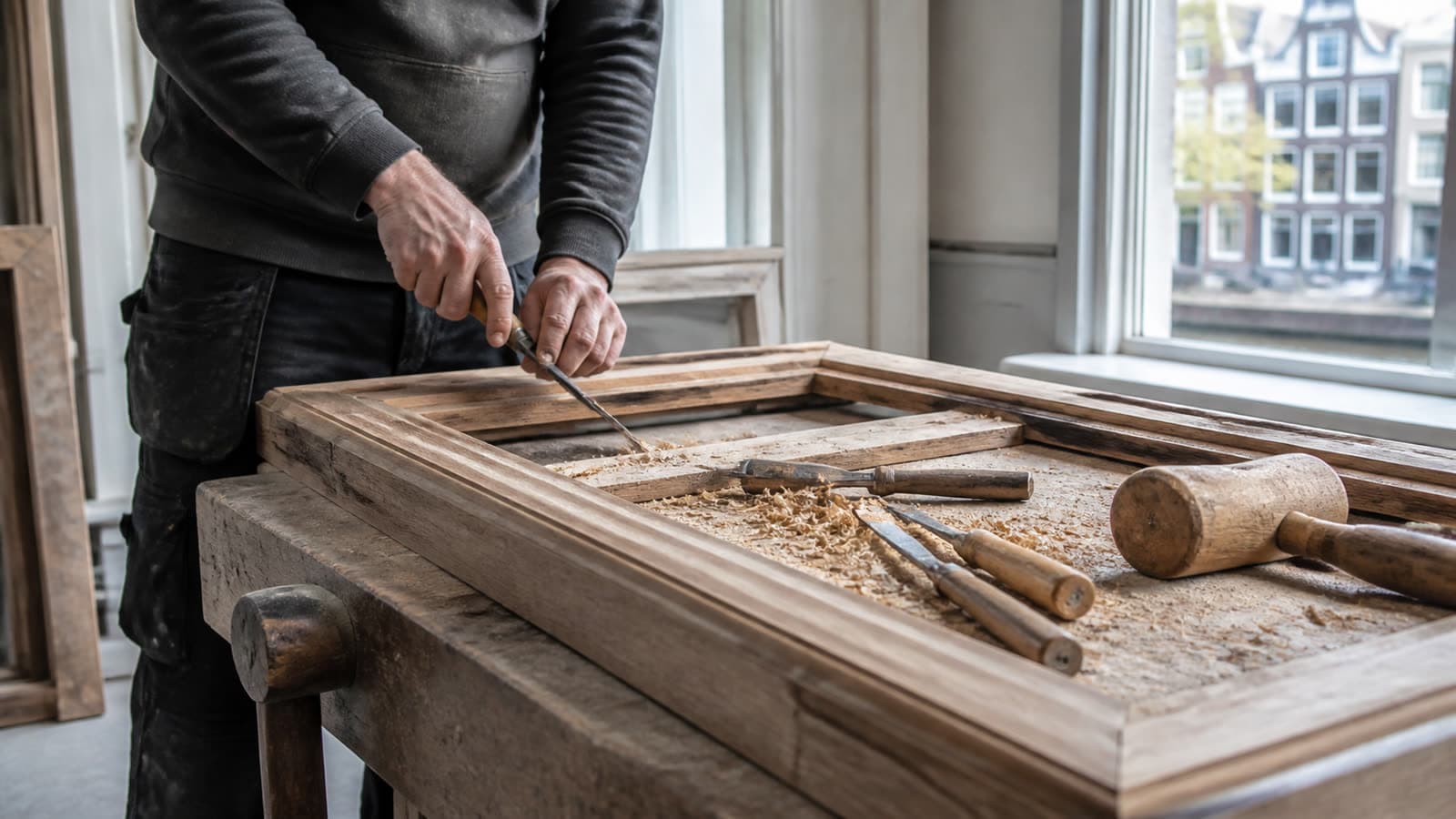 Timmerman werkt aan een houten kozijn op een werkbank