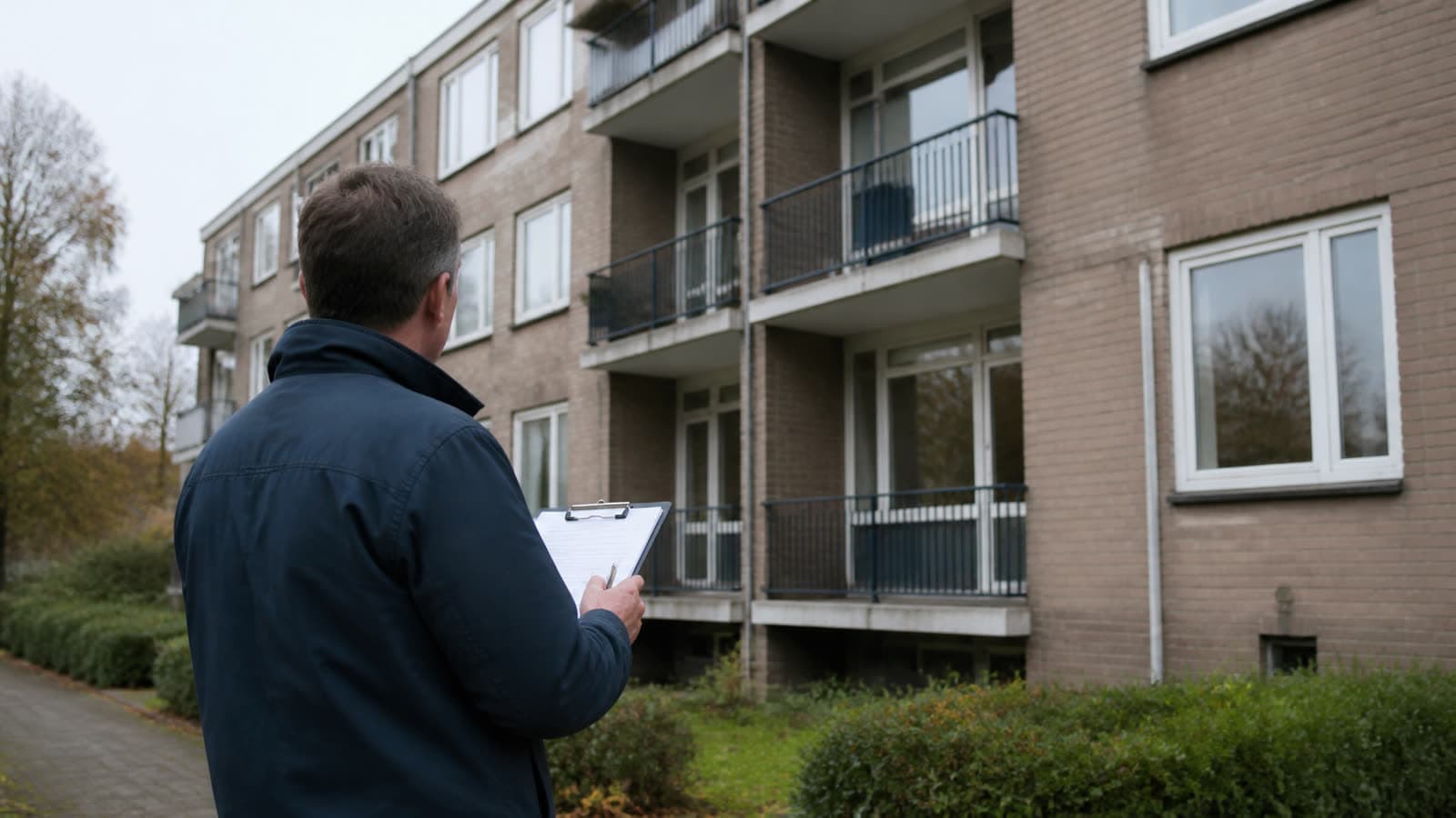 Gebouwbeheerder met klembord inspecteert de gevel van een appartementencomplex